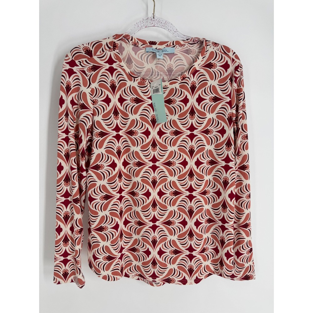 Blue Sol Womens Long Sleeve Geometric Floral Print Crew Neck Top Terracotta L